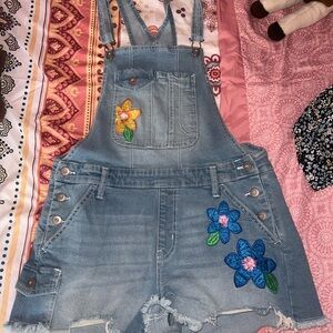 Embroidered Denim Overalls with Floral Design